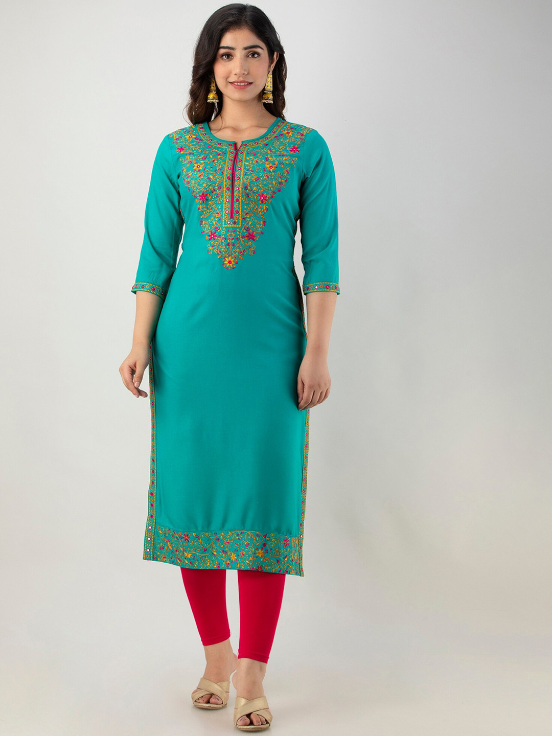 Women Blue Printed 3/4Th Sleeve A-Line Kurta With Embriodery Work At Yoke main image 0
