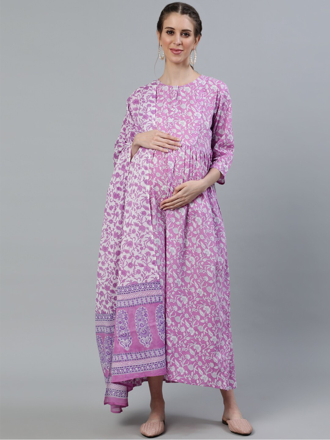 Buy Nayo Purple Ethnic Motifs Printed Maternity Maxi Dress With Dupatta