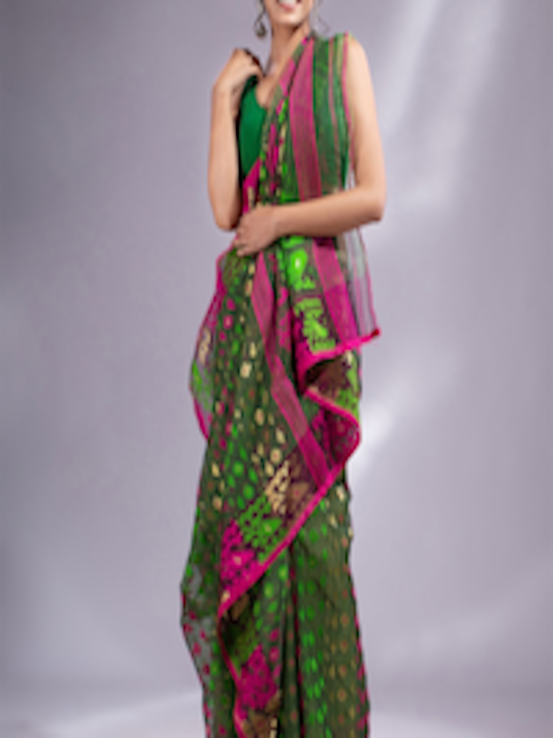 Buy Charukriti Women Green & Pink Woven Design Silk Cotton Jamdani ...