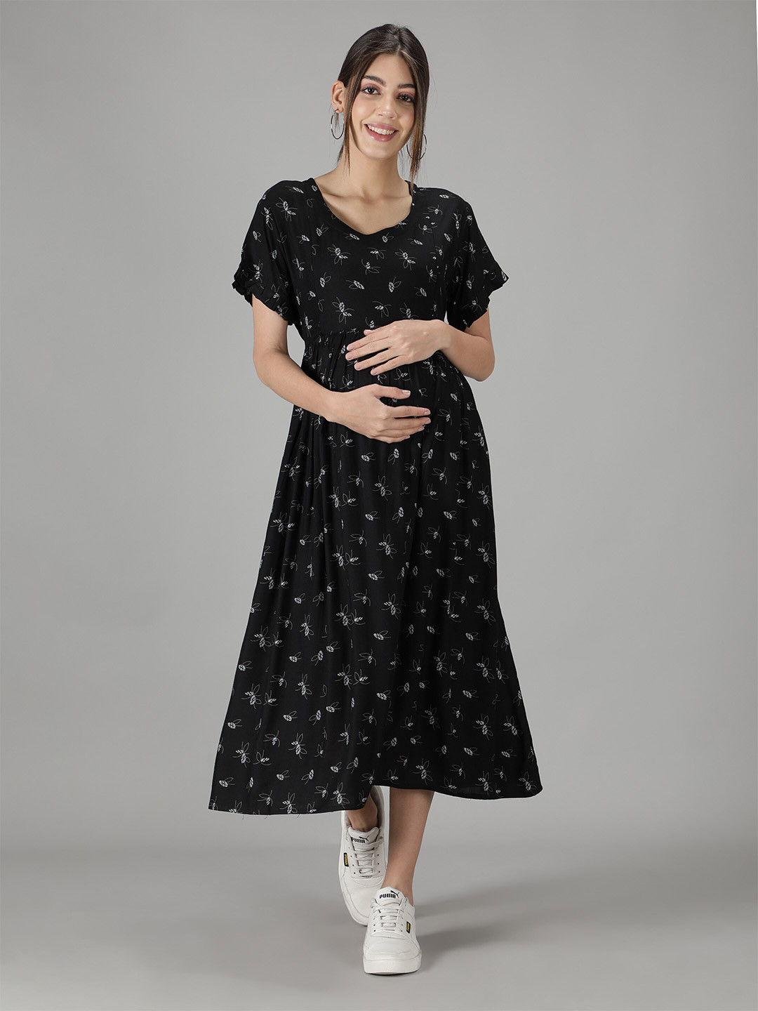 Buy NIGHTSPREE Black Floral Maternity And Feeding Dress. A Line Midi