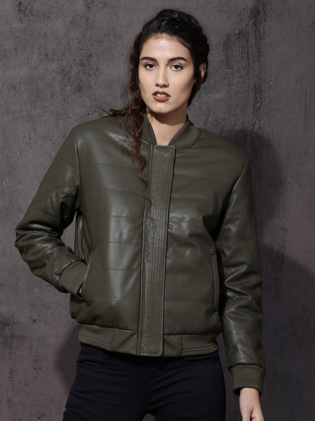 Buy Roadster Women Olive Green Solid Padded Jacket Jackets for Women