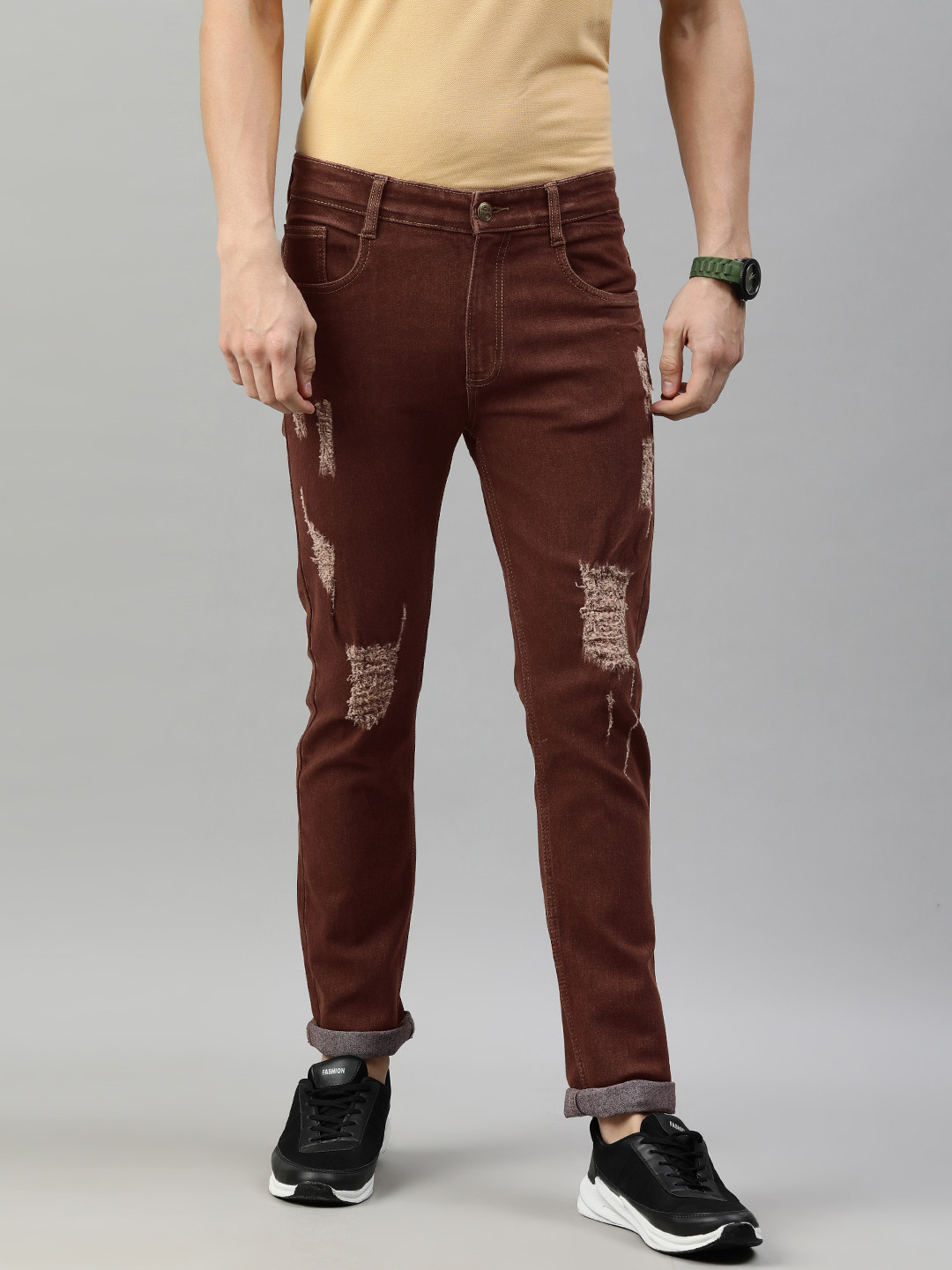 Buy Urbano Fashion Men Brown Slim Fit Highly Distressed Heavy Fade