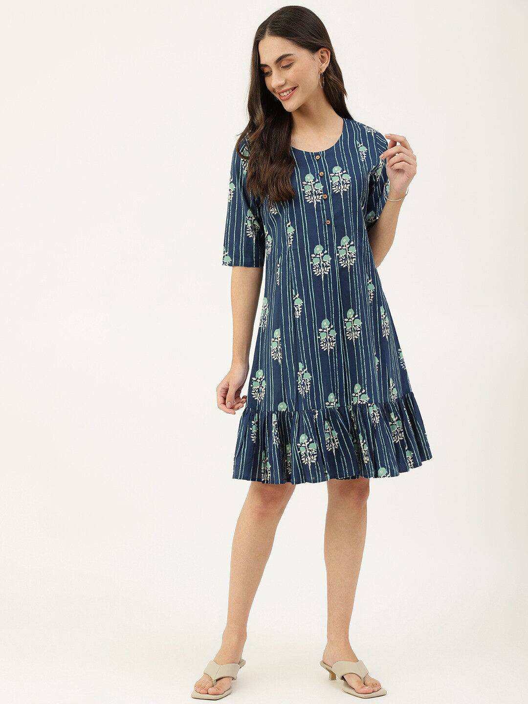 Women Blue Ethnic Motifs Printed High-Neck Cotton A-Line Dress