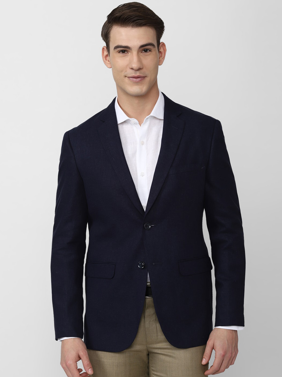 Buy Peter England Elite Men Navy Blue Solid Slim Fit Linen Blazers