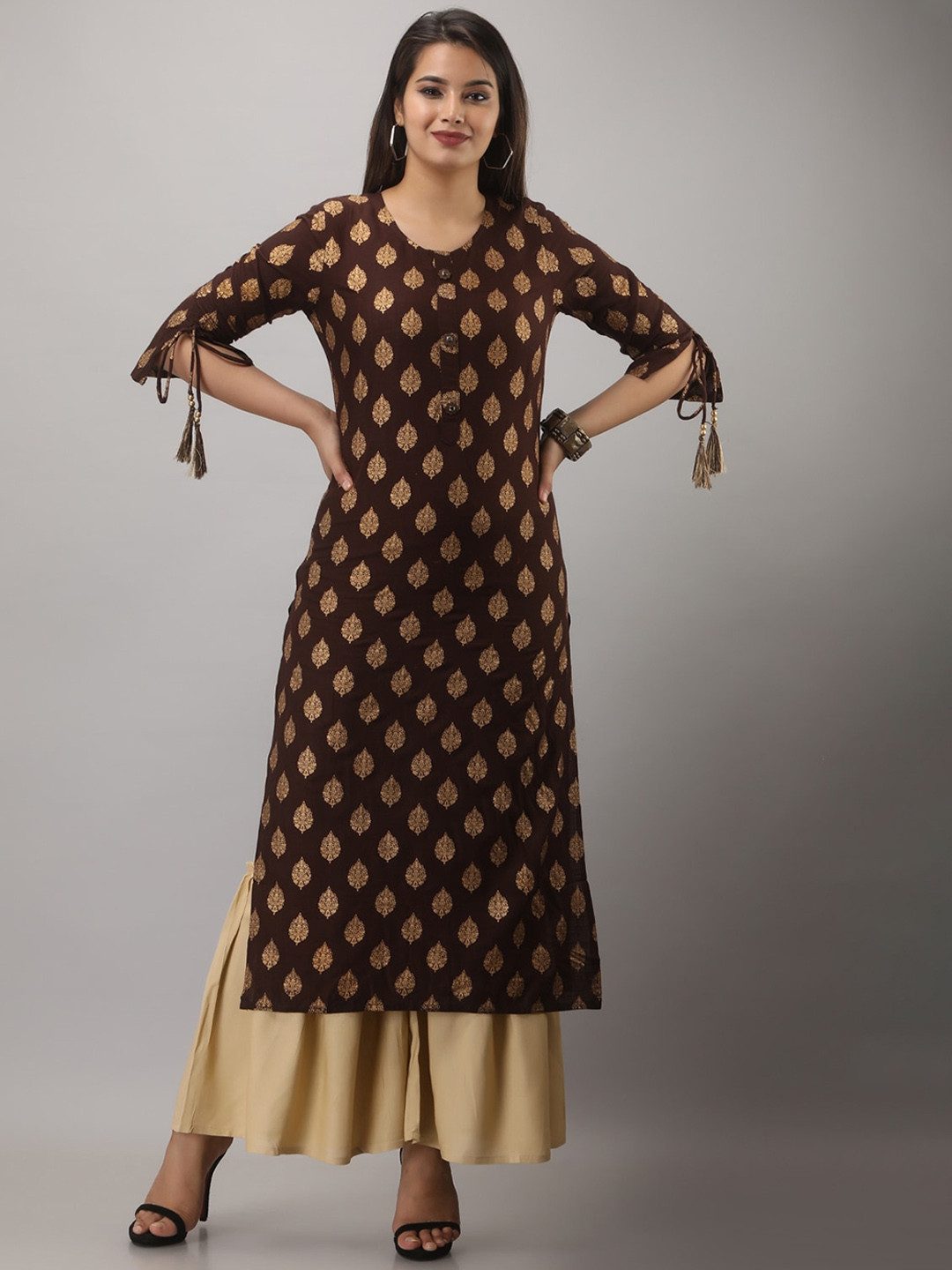 Buy MAUKA Women Coffee Brown Ethnic Motifs Printed Kurta With Sharara ...