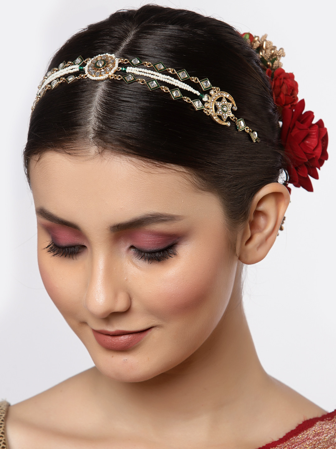 Buy Sanjog Gold Plated Green & White Kundan Studded & Pearl Sheeshphool