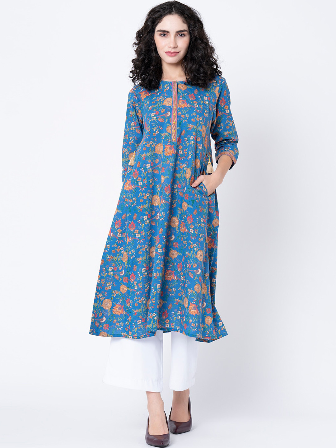 Women Blue Floral Printed Rayon A-Line Kurta