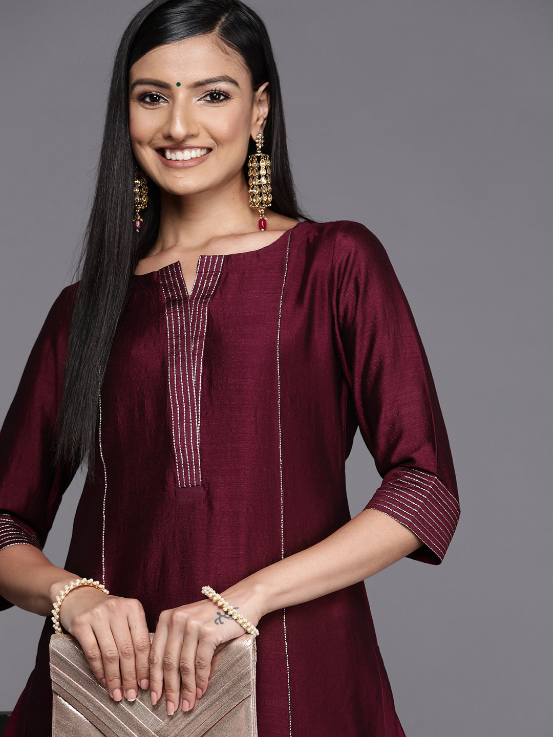 Buy Libas Women Purple Silk Blend Zari Loose Fit Straight Kurta