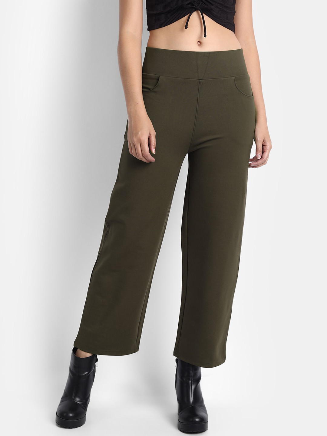 Buy BROADSTAR Women Olive Green Loose Fit High Rise Easy Wash Trousers ...