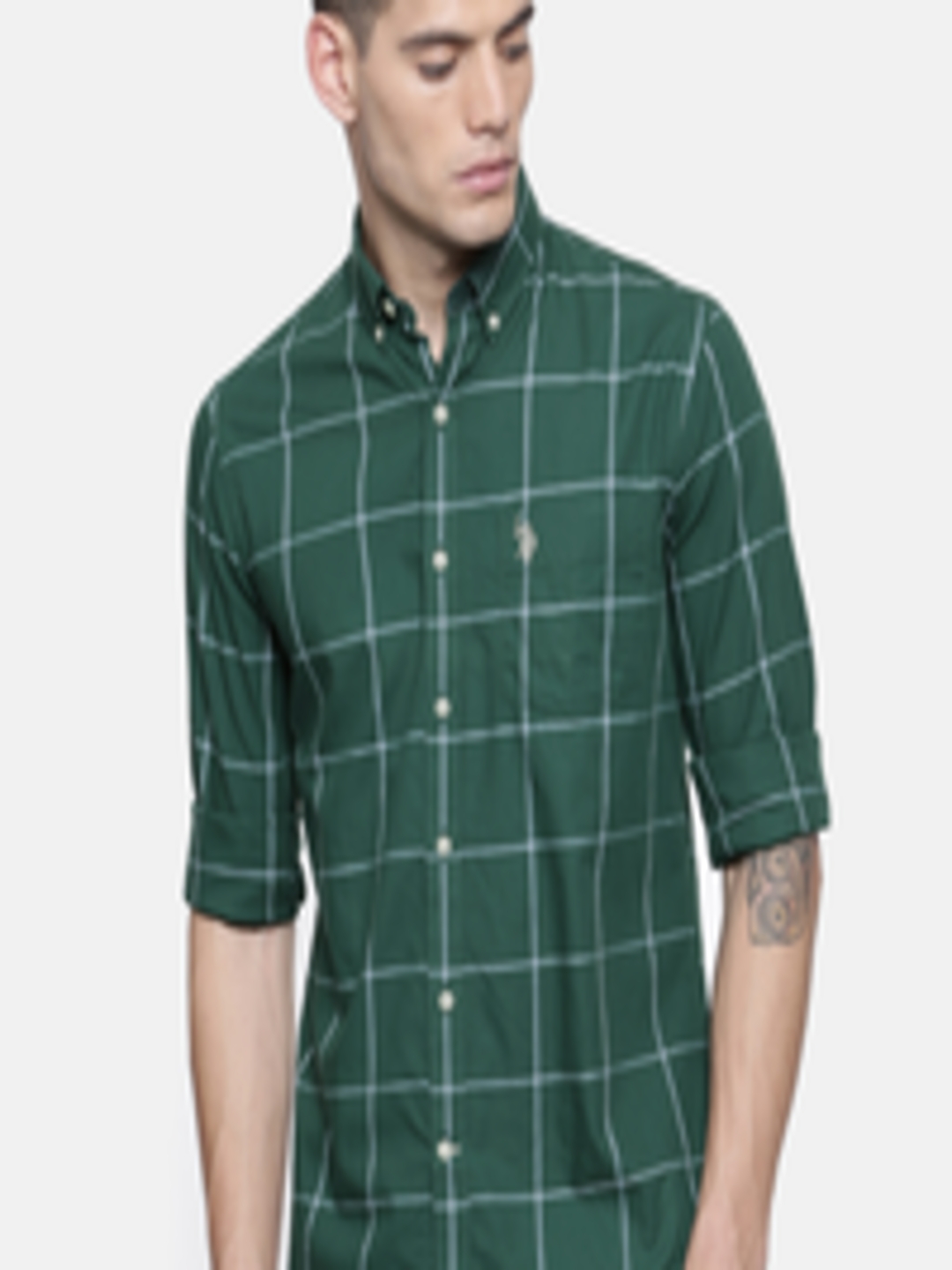 Buy U.S. Polo Assn. Men Green & White Tailored Fit Checked Casual Shirt ...
