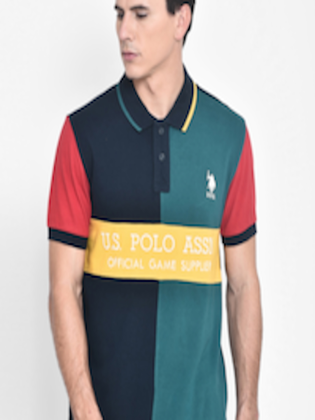 Buy U.S. Polo Assn. Men Navy Blue Teal Green Colourblocked Polo Collar ...