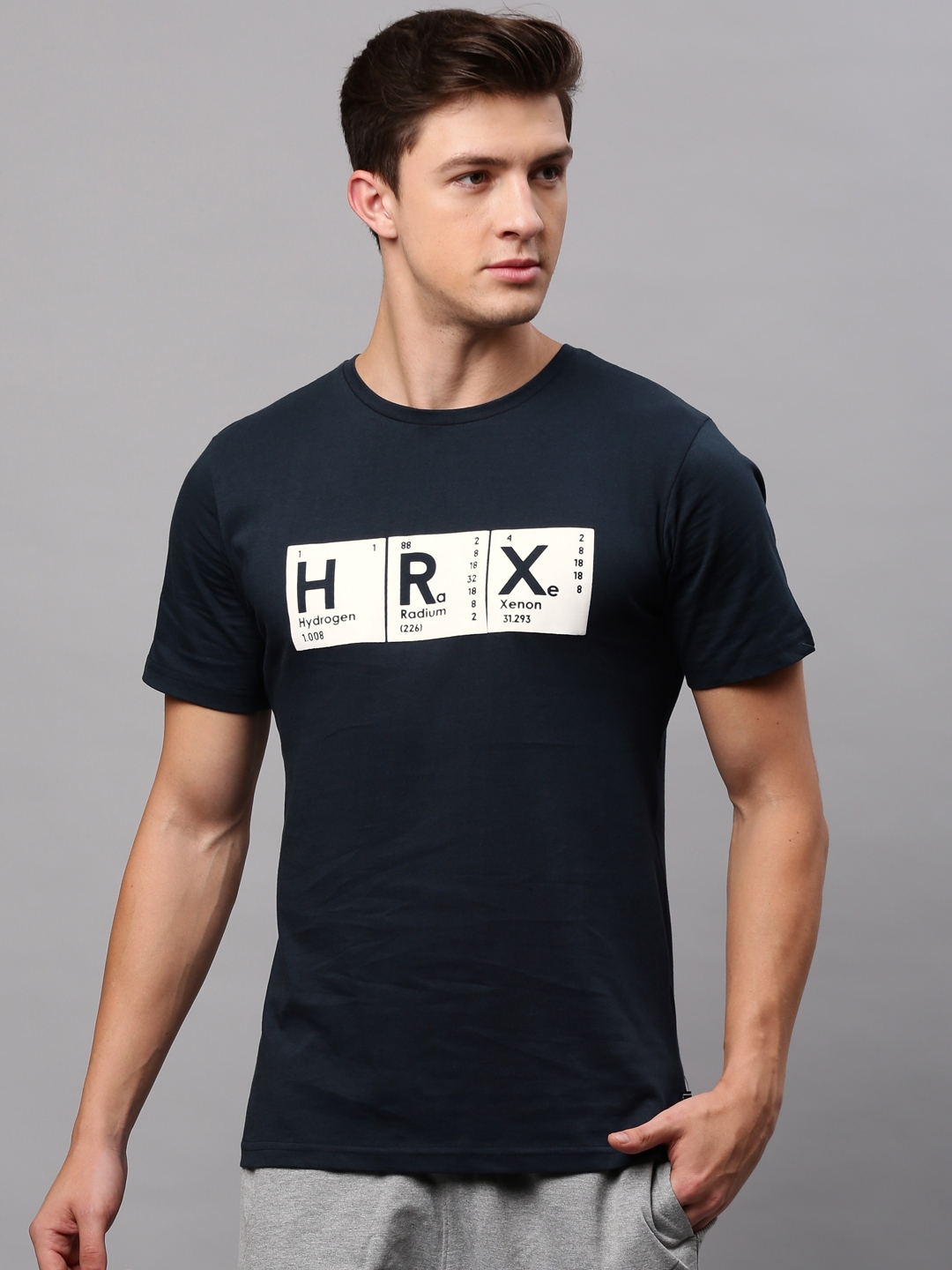 Buy HRX By Hrithik Roshan Men Navy Blue Printed Round Neck Pure Cotton ...