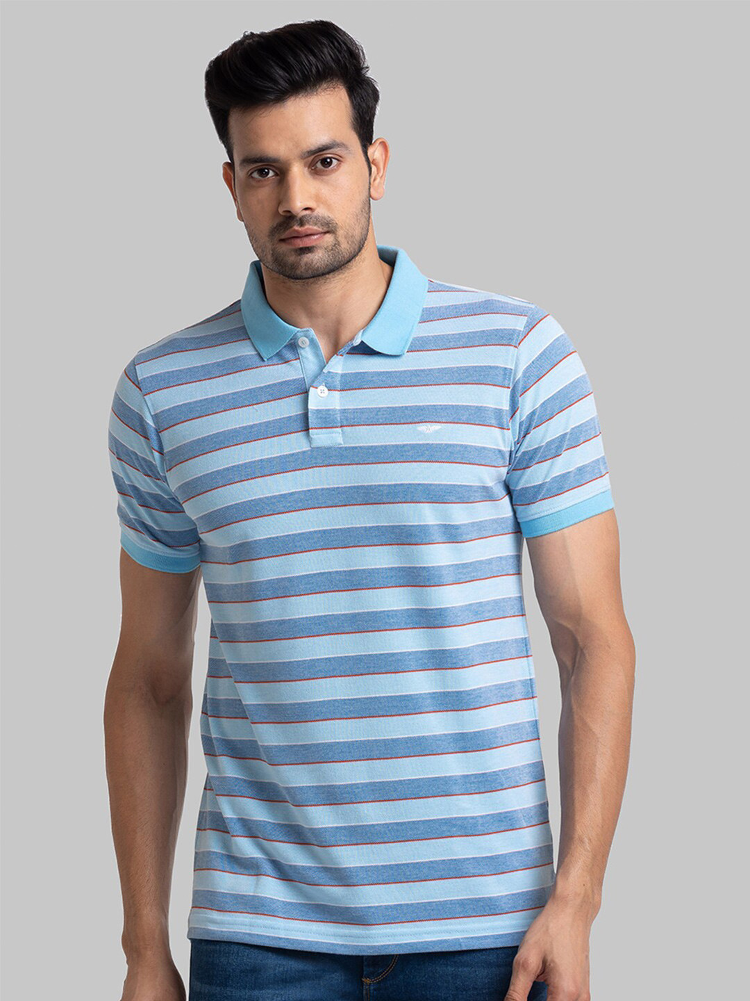 Men's Blue Striped Polo Collar Slim Fit Cotton T-Shirt
