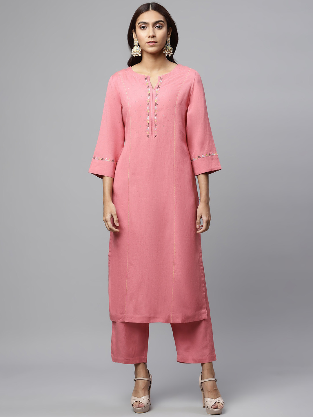 Light Pink - Linen Viscose Plain Long Straight Kurta