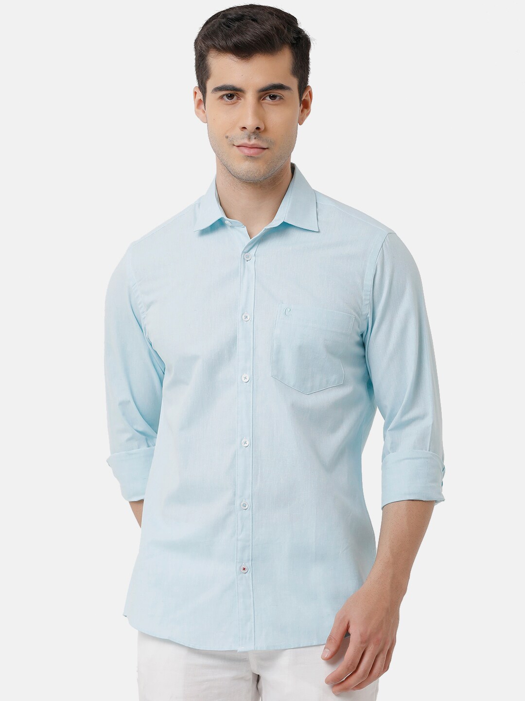 Buy CAVALLO By Linen Club Men Turquoise Blue Linen Cotton Solid Casual ...