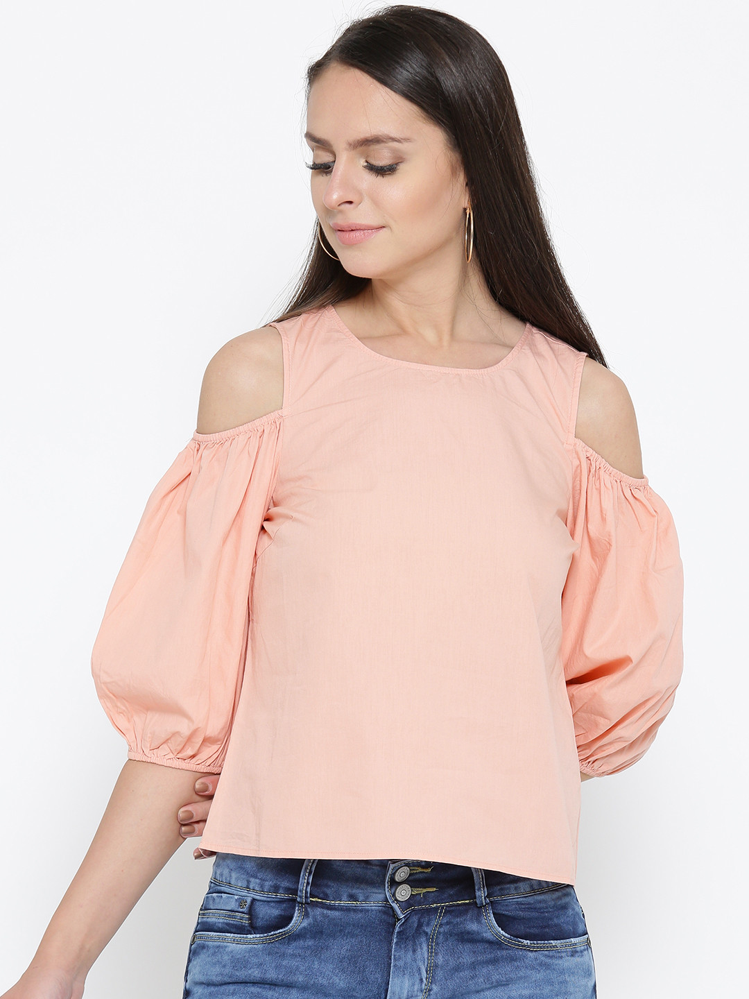 Buy Vero Moda Women Peach Coloured Solid Pure Cotton Top Tops for