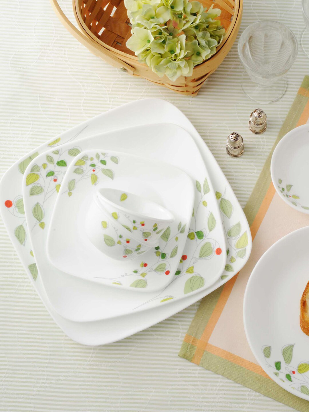 Buy Corelle White & Green Pack Of 21 Dishwasher & Microwave Safe