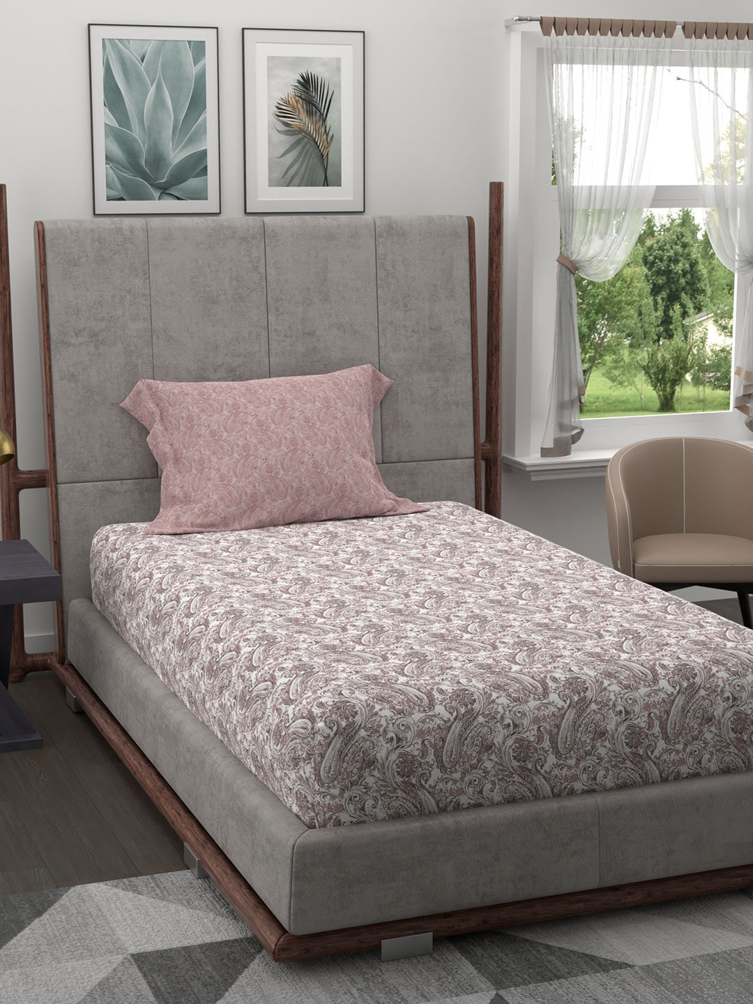 Buy MYTRIDENT Pink White Ethnic Motifs 120 TC Single Bedsheet With 1