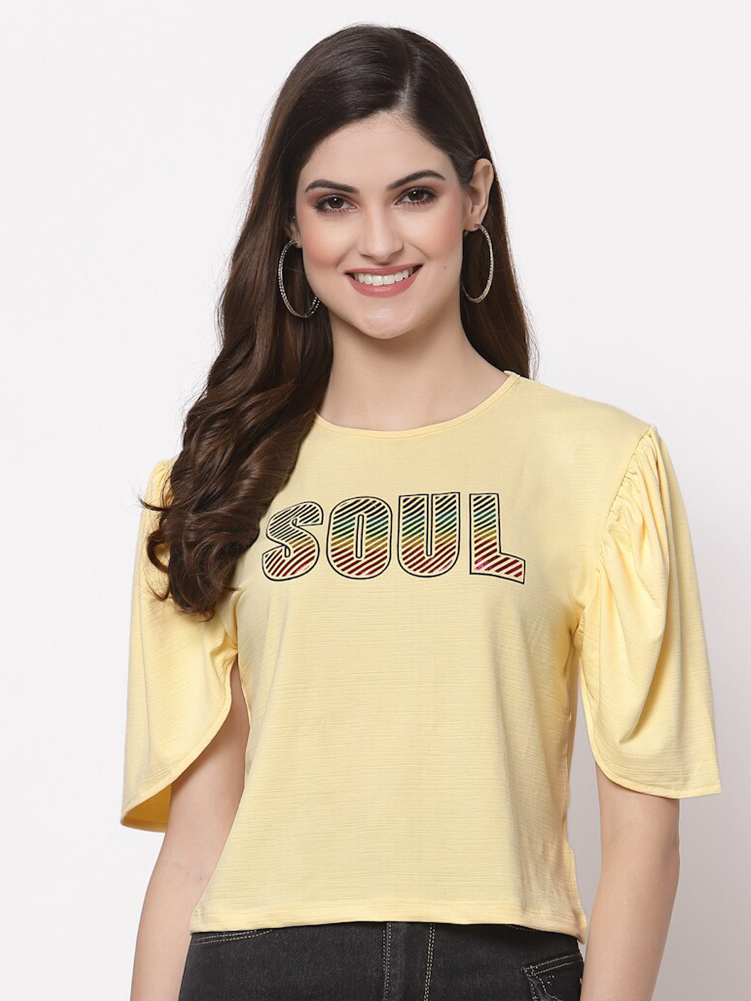 Buy ASEELO Yellow Printed Crew Neck Short Puff Sleeve Top Tops for