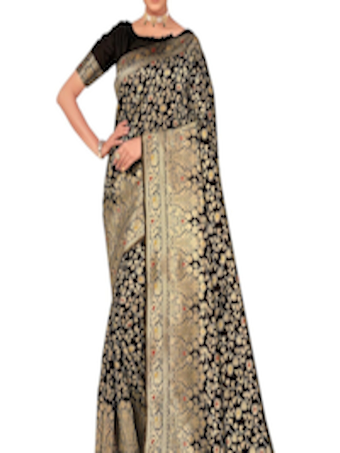 Buy SARIYA Black & Gold Toned Floral Zari Silk Blend Banarasi Saree ...