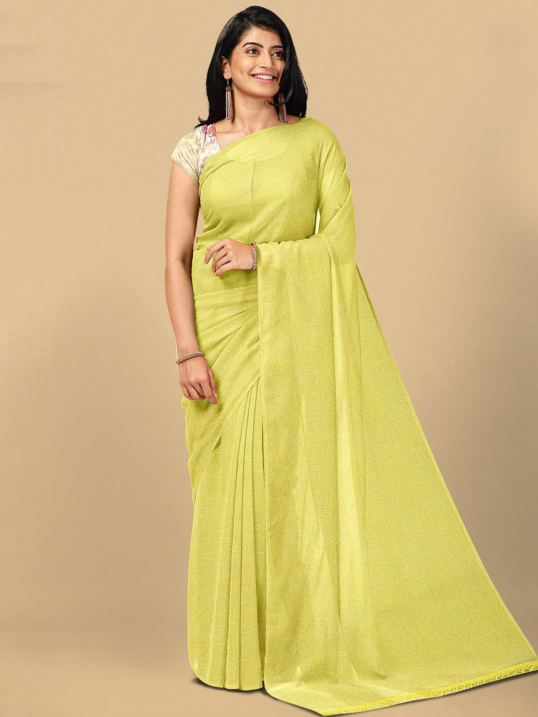 Buy Kalamandir Yellow Floral Print Silk Blend Saree Sarees for Women