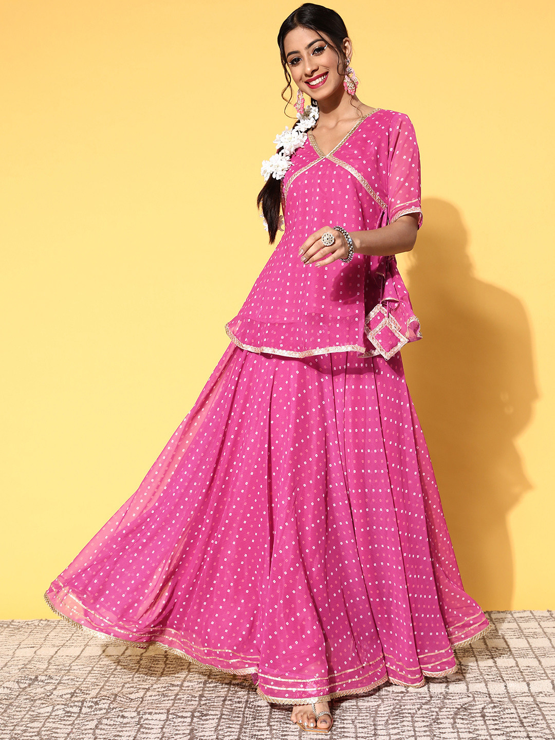 Multicoloured Tie & Dye Bandhani Printed Chinon Skirt