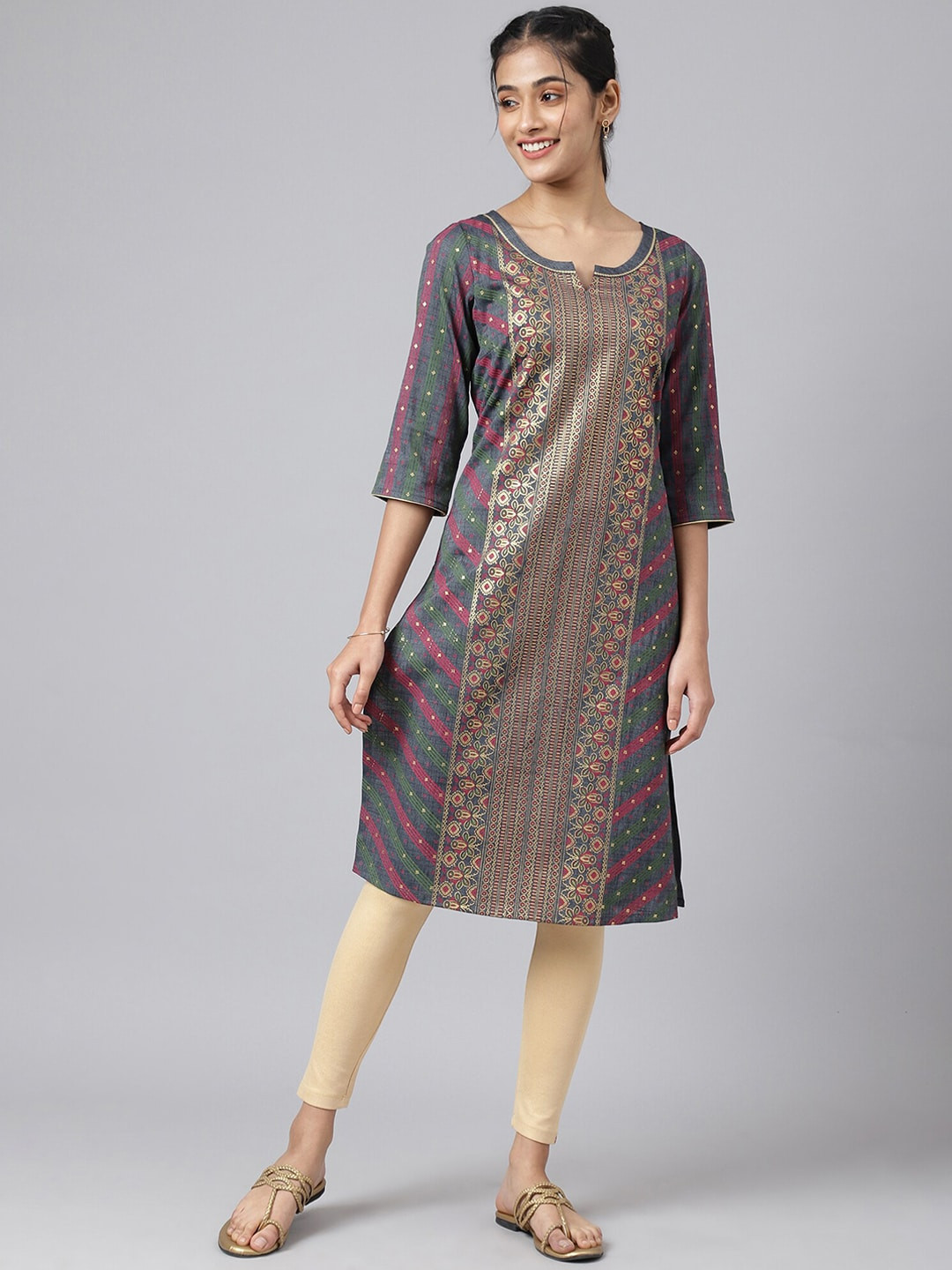 Women Green & Gold-Toned Ethnic Kurta Set main image 1