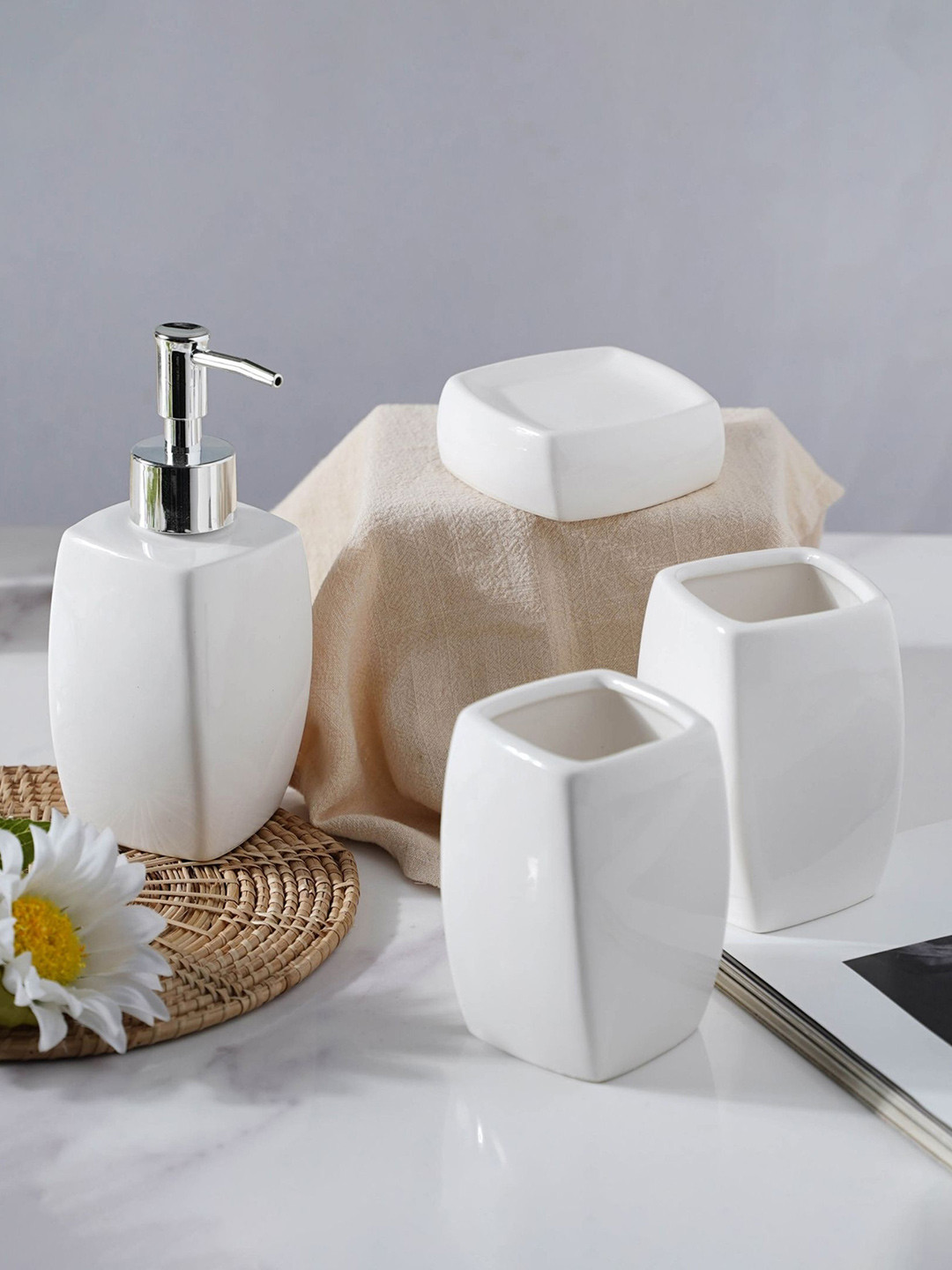 Buy Nestasia Set Of 4 White Solid Ceramic Bath Sets Bathroom