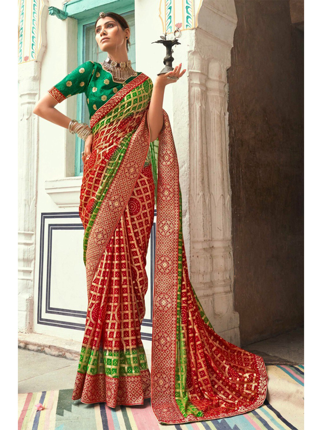 green red bandhani saree