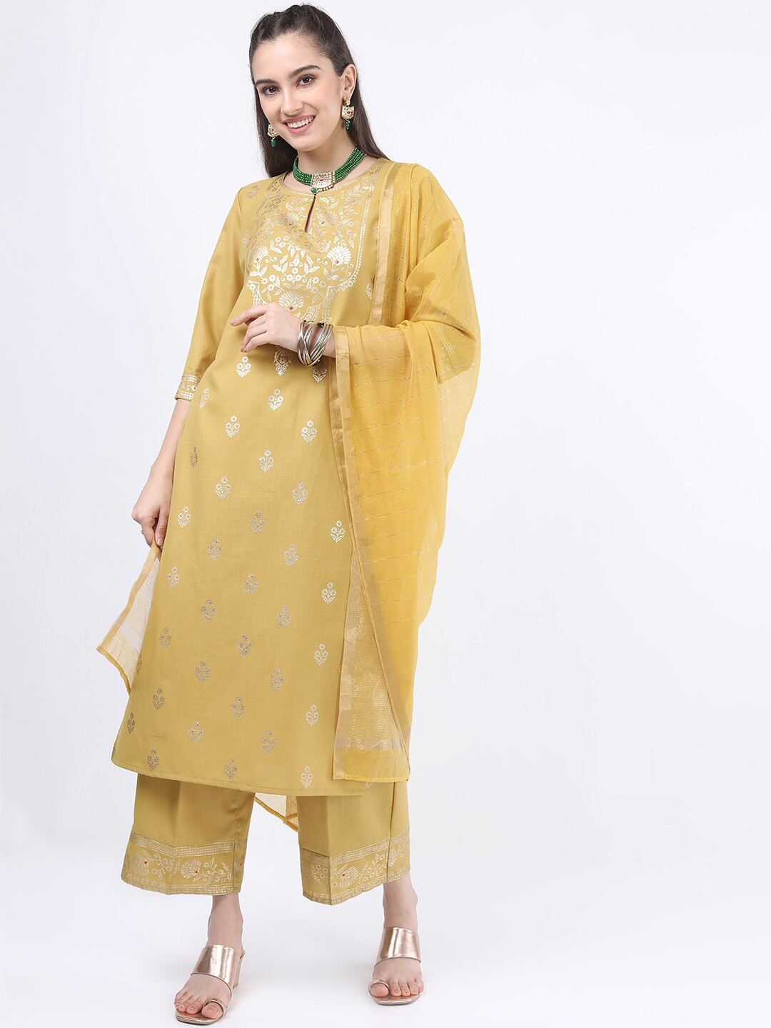 Yellow Printed Kurta, Culottes & Dupatta Set main image 0