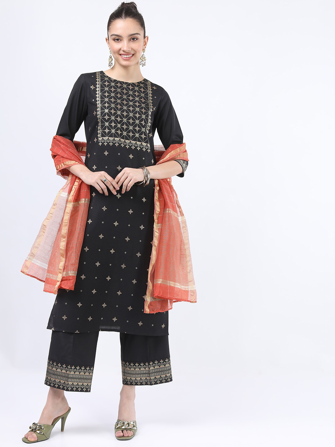 Women Choklet Brown Ethnic Kurta With Palazzo And Net Dupatta