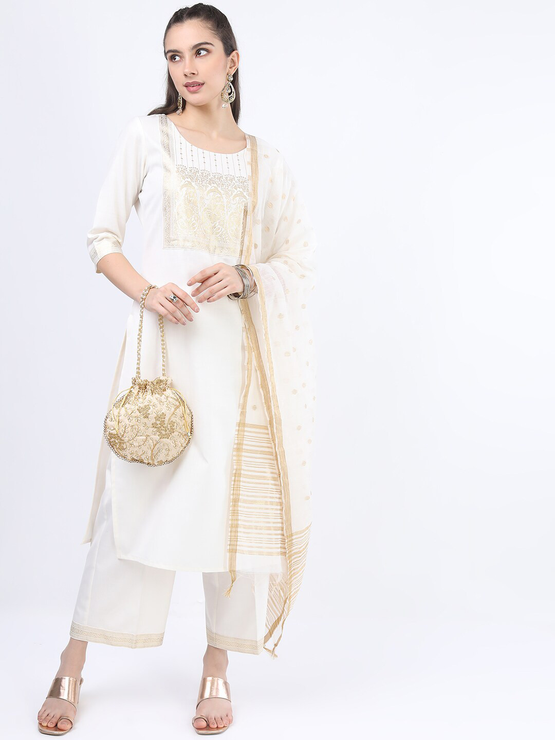 Women Cream-Coloured & Brown Printed Kurta With Trousers