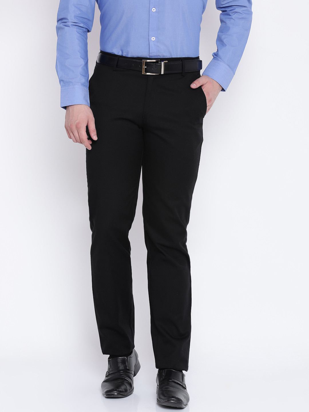 Buy Peter England Men Black Slim Fit Self Design Regular Trousers