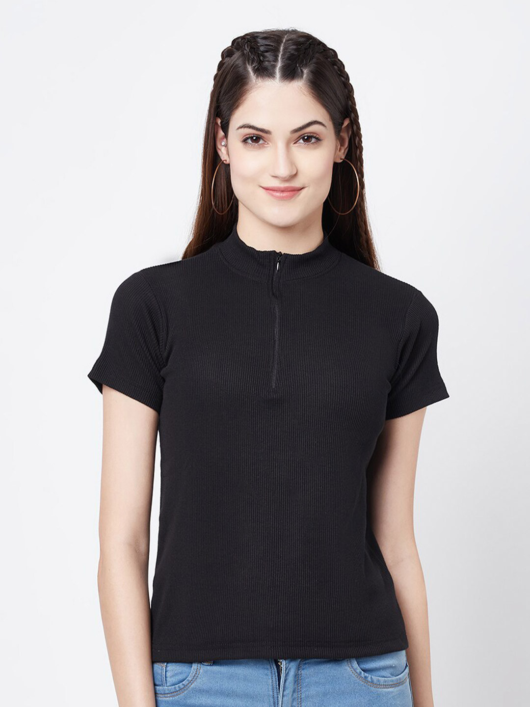 Buy ELEGANCE Women Black High Neck Raw Edge T Shirt Tshirts for Women