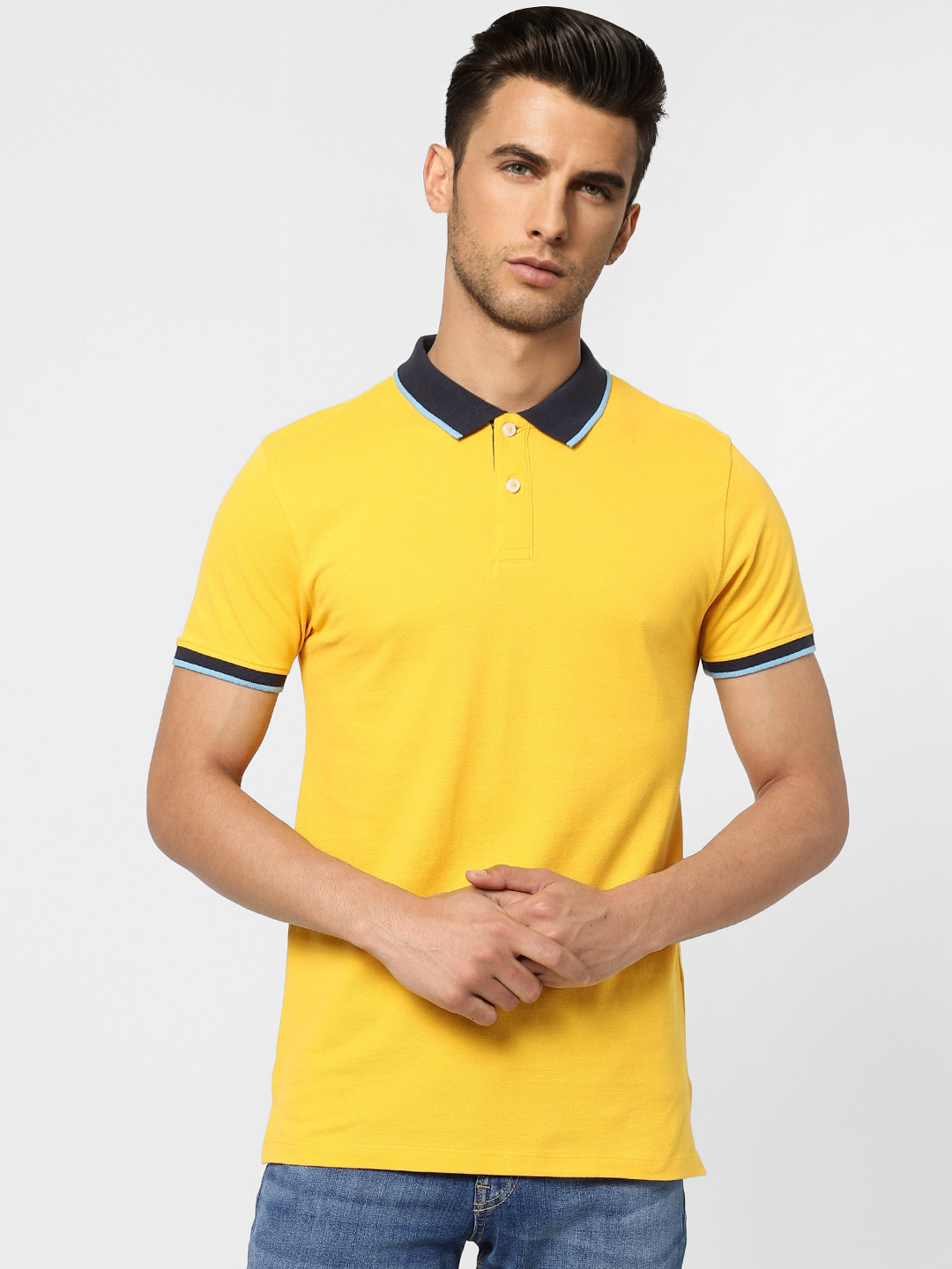 Buy Jack & Jones Men Yellow Solid Polo Collar Slim Fit T Shirt