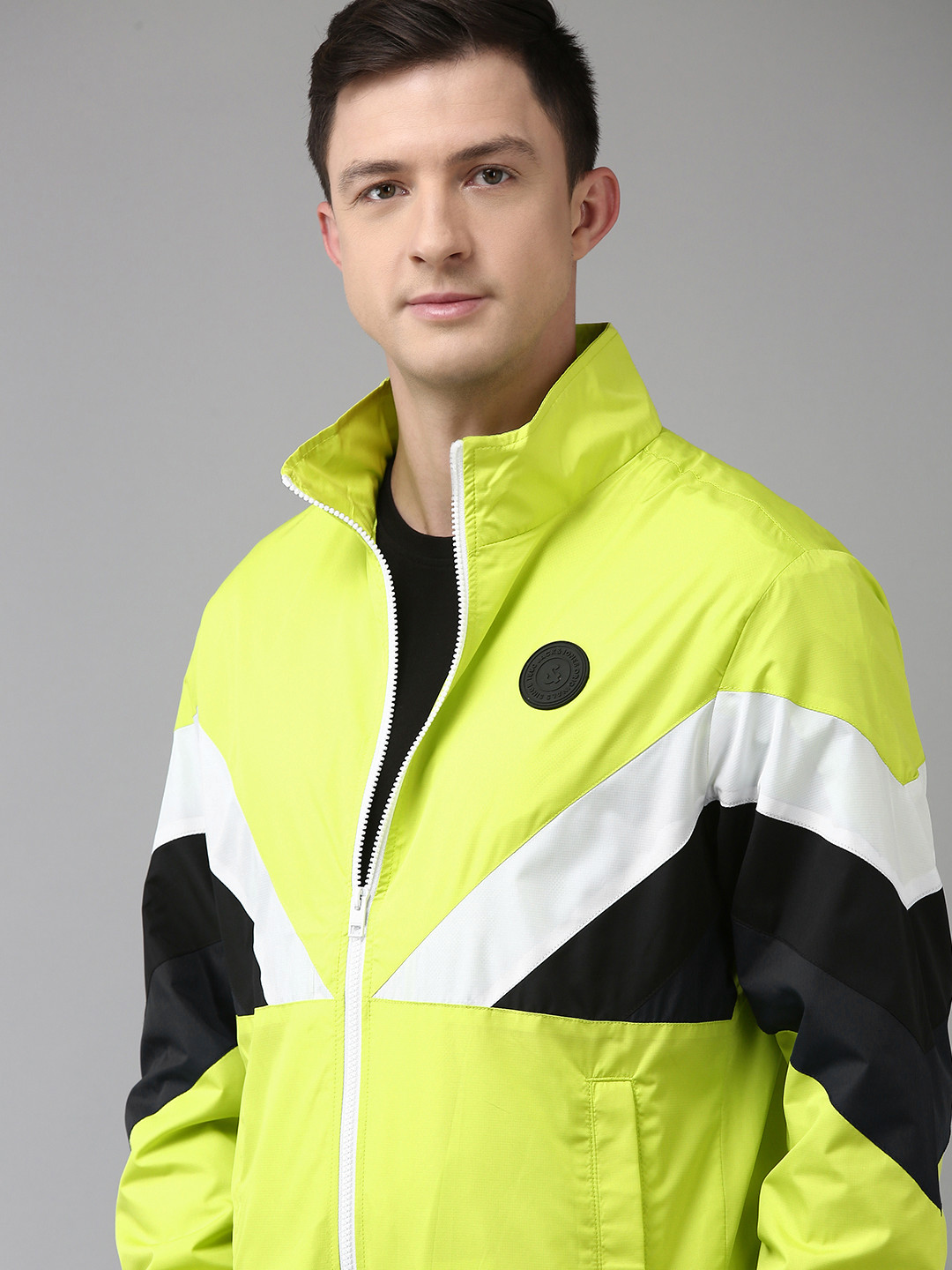 Buy Jack & Jones Men Fluorescent Green & Black Colourblocked Windcheater Bomber Jacket Jackets