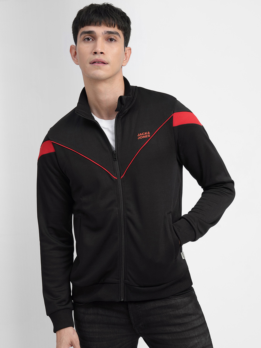 Buy Jack & Jones Men Black Solid Sporty Jacket With Striped Detail