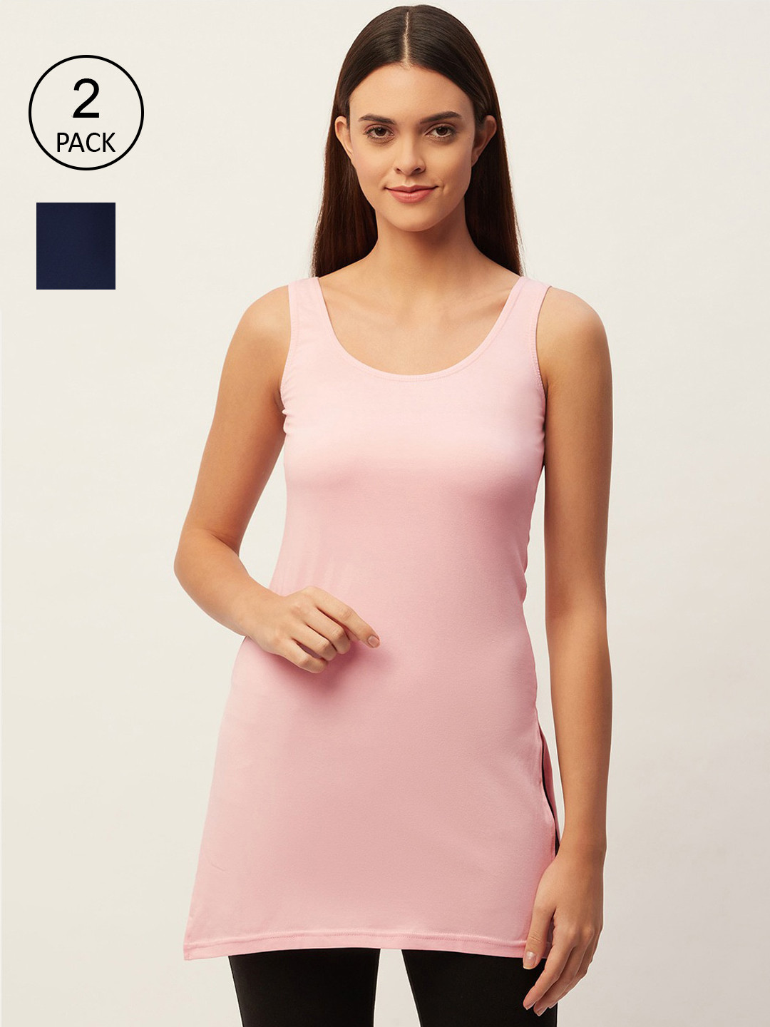 Buy Lady Lyka Women Set Of 2 Pink & Navy Blue Solid Cotton Slips