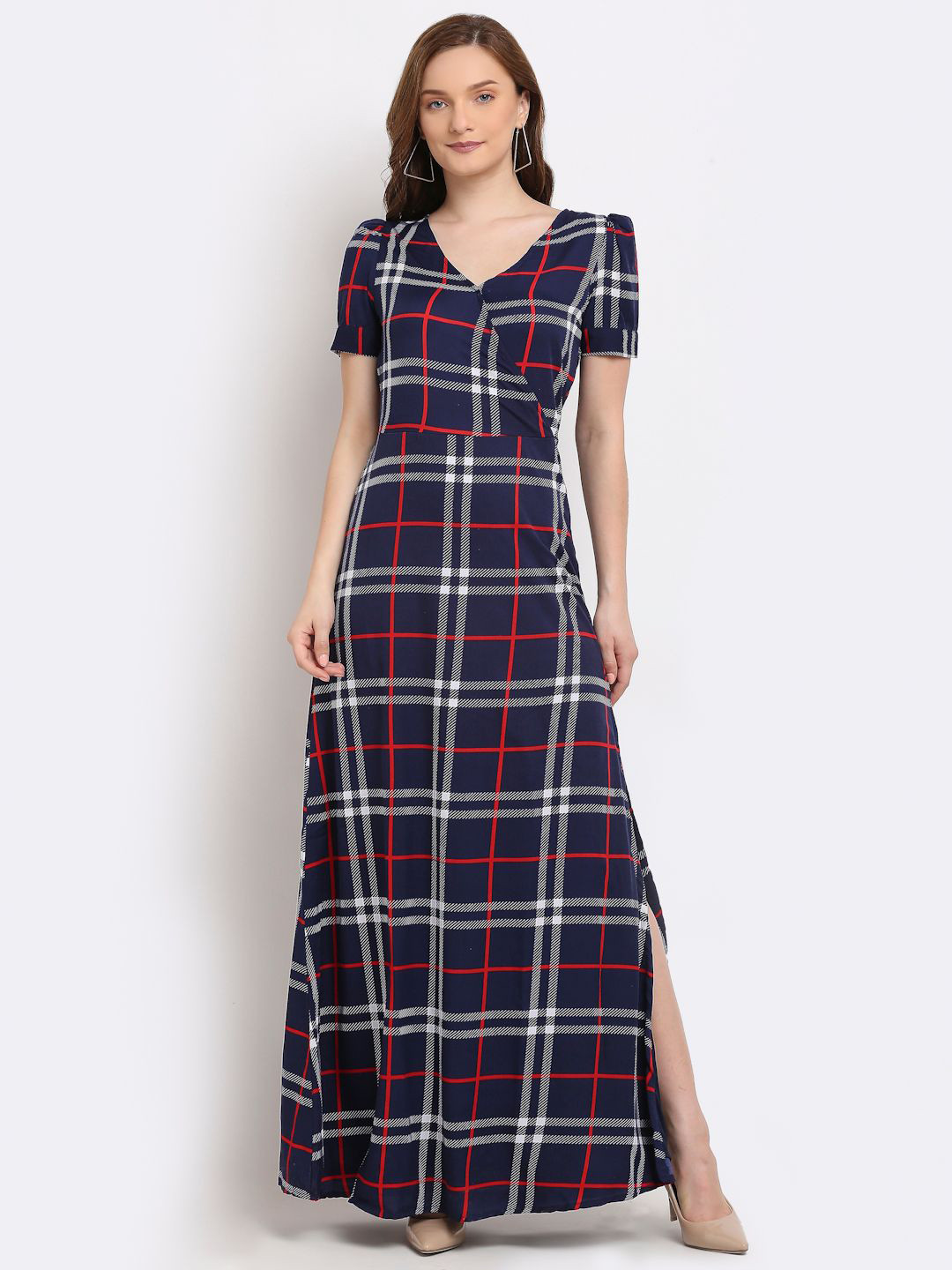 Buy La Zoire Navy Blue Checked Crepe Short Sleeves Belted Maxi Dress