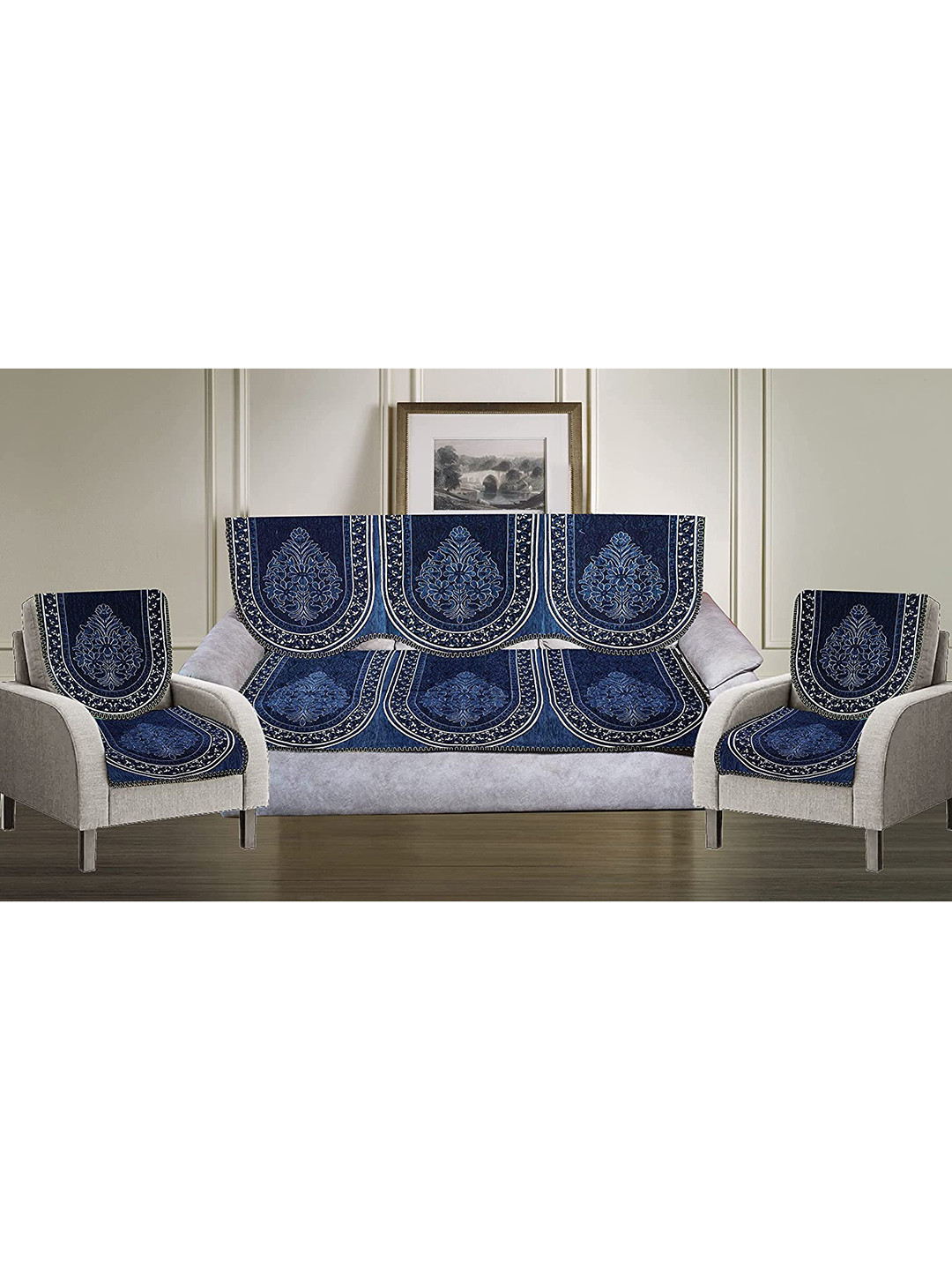 Buy GRIIHAM Set Of 5 Blue & White Printed Sofa Covers Sofa Covers for