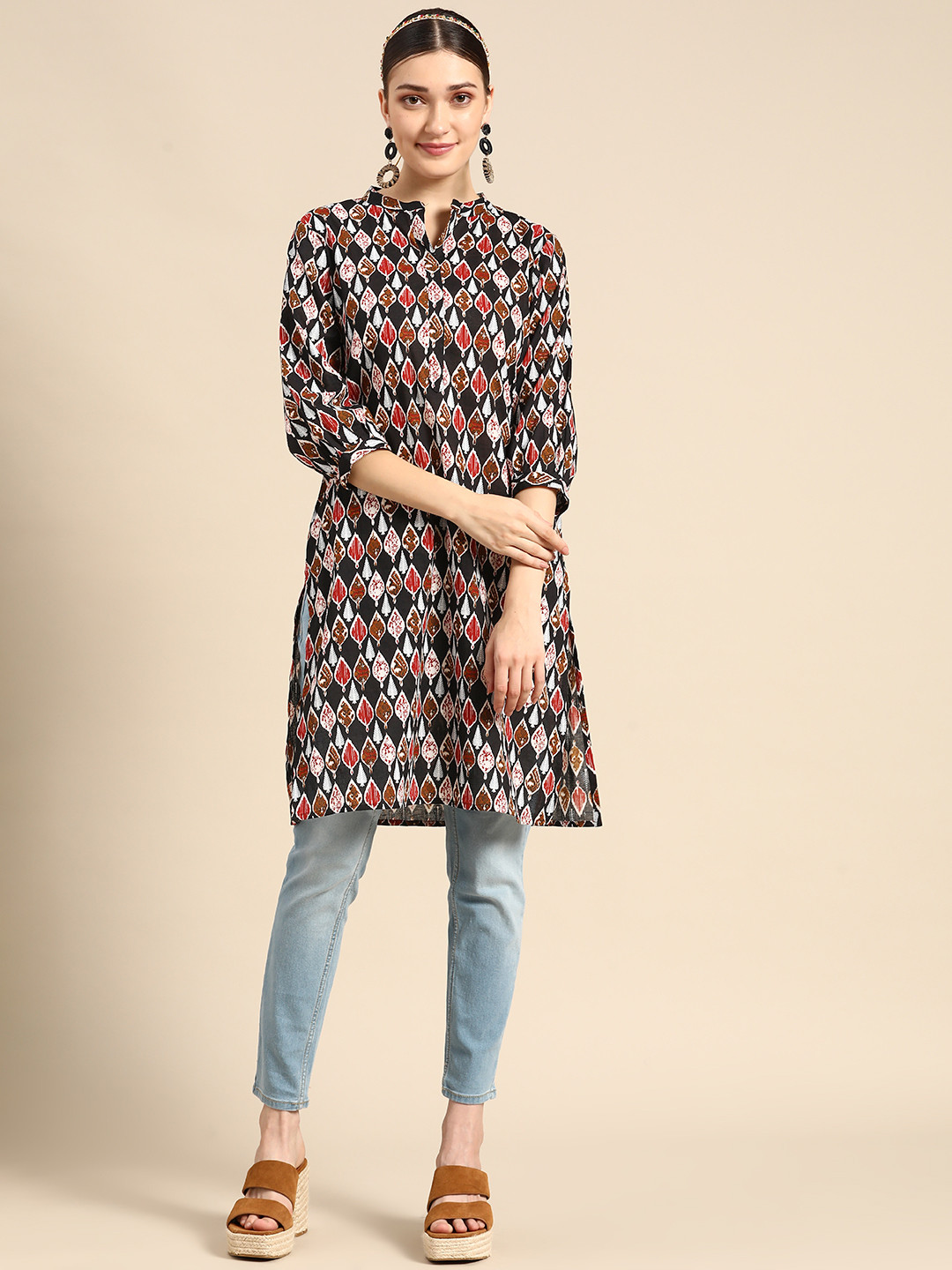 Buy Sangria Women Black & Red Pure Cotton Ethnic Motifs Printed Puff Sleeves Knee Length Kurta