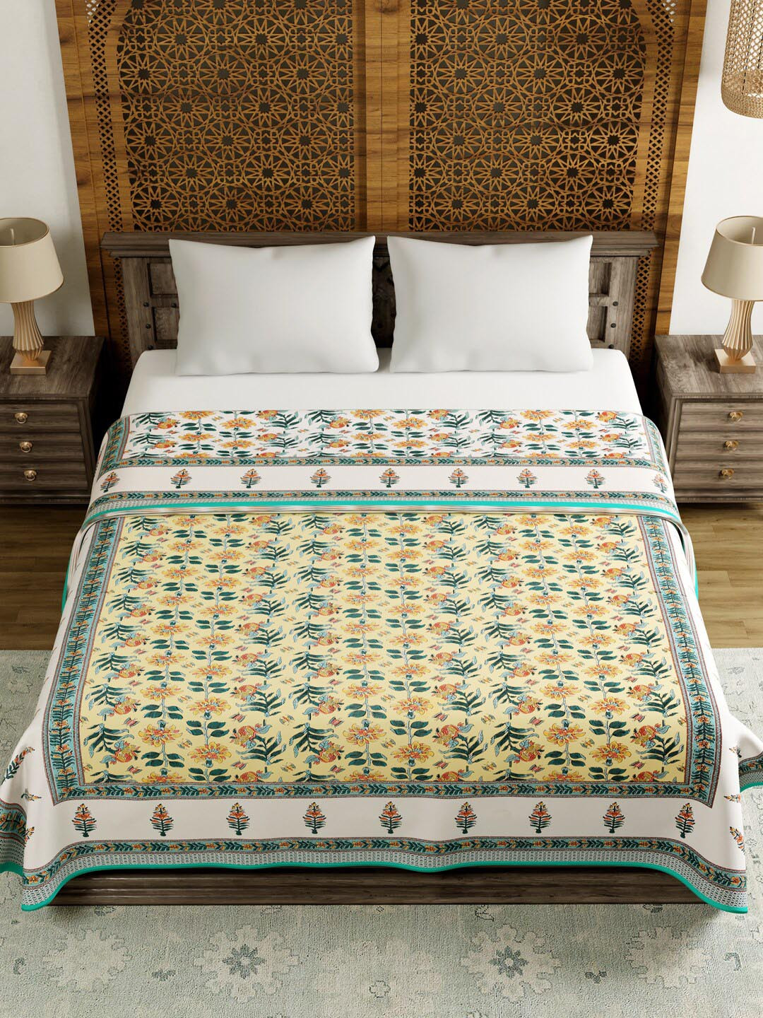 Buy BLOCKS OF INDIA Green & Yellow Ethnic Motifs AC Room 150 GSM Double