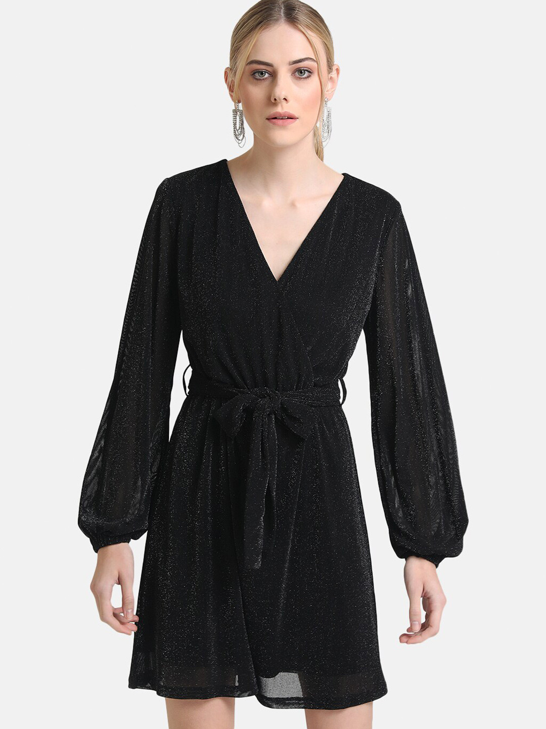 Buy Kazo Black Embellished Sheen Lurex Mesh Wrap Dress Dresses for