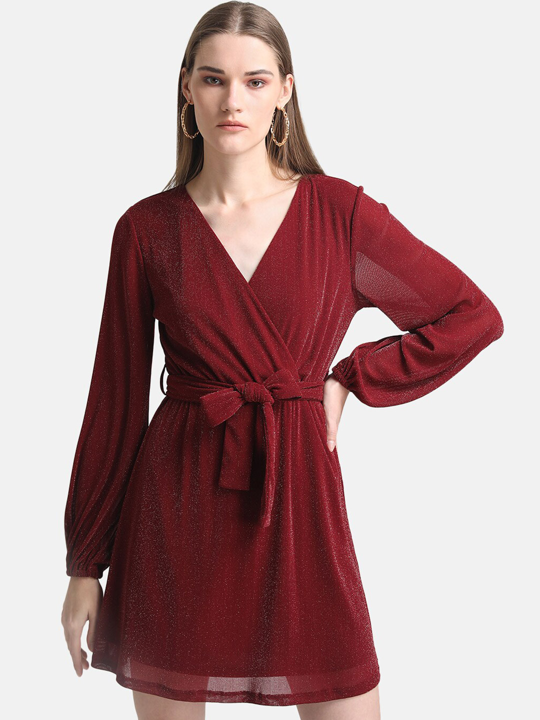 Buy Kazo Maroon Embellished Sheen Lurex Mesh Wrap Dress Dresses for