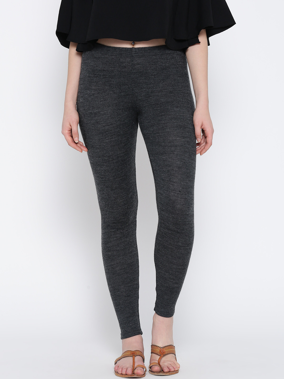 Buy Biba Charcoal Grey Self Design Ankle Length Winter Leggings