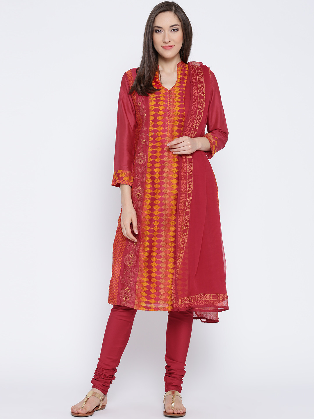 Buy Biba Women Red Printed Straight Kurta With Churidar & Dupatta