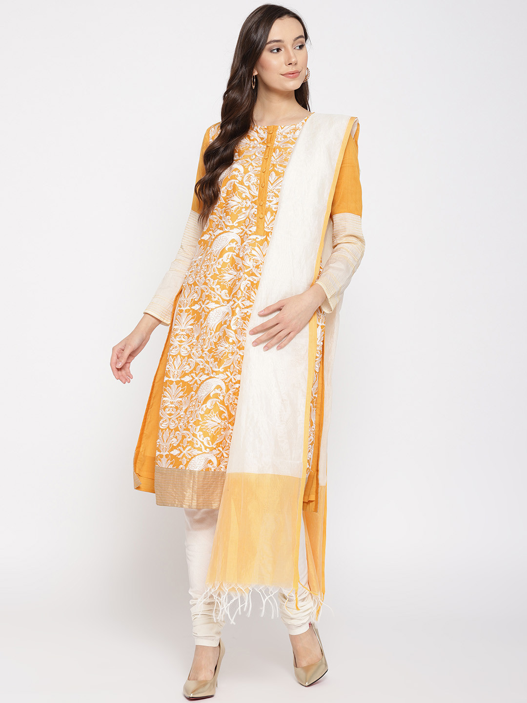 Buy Biba Women Mustard Yellow & Off White Embroidered Kurta With