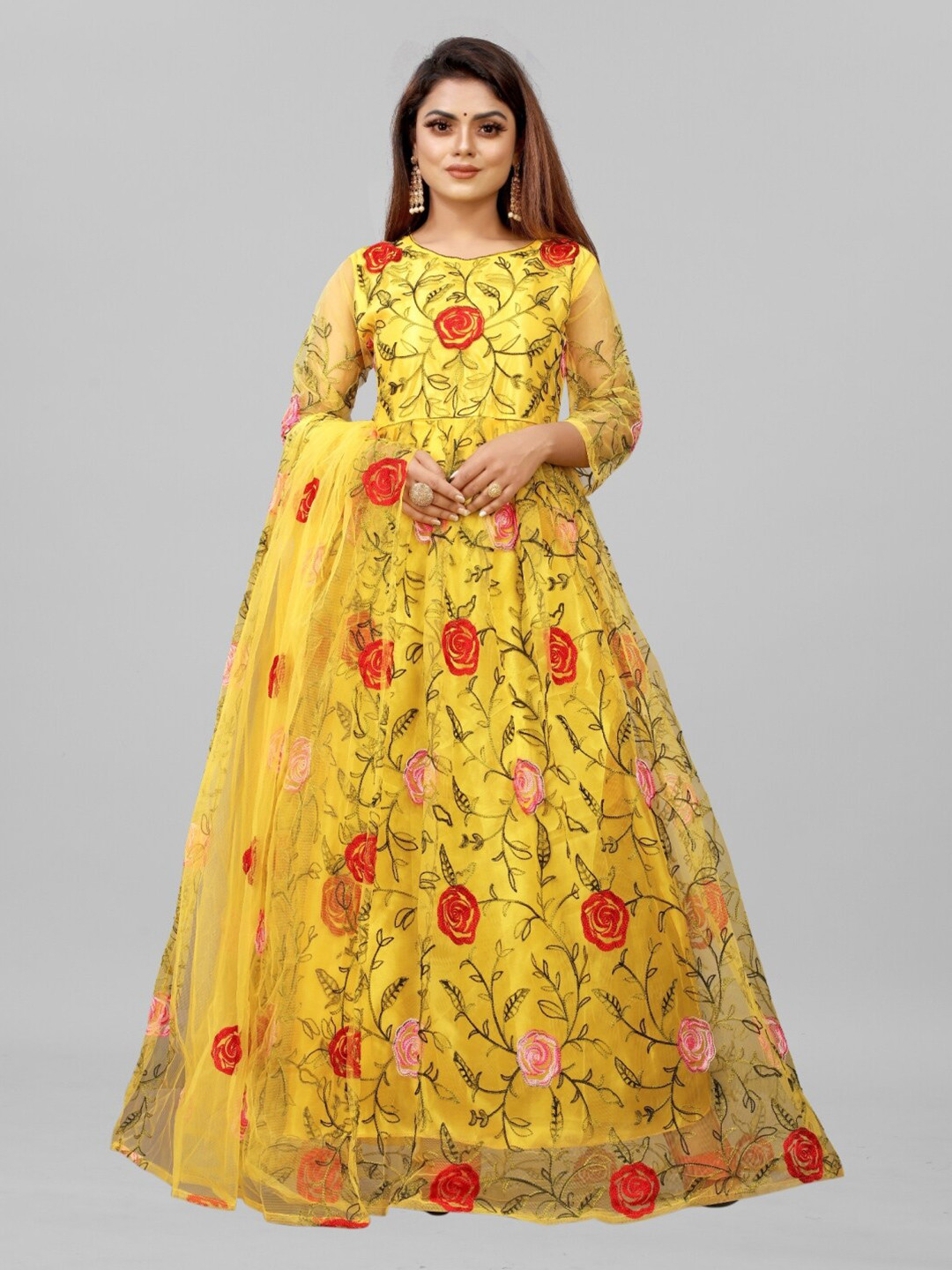 Buy APNISHA Yellow Floral Net Maxi Dress Dresses for Women 19356834