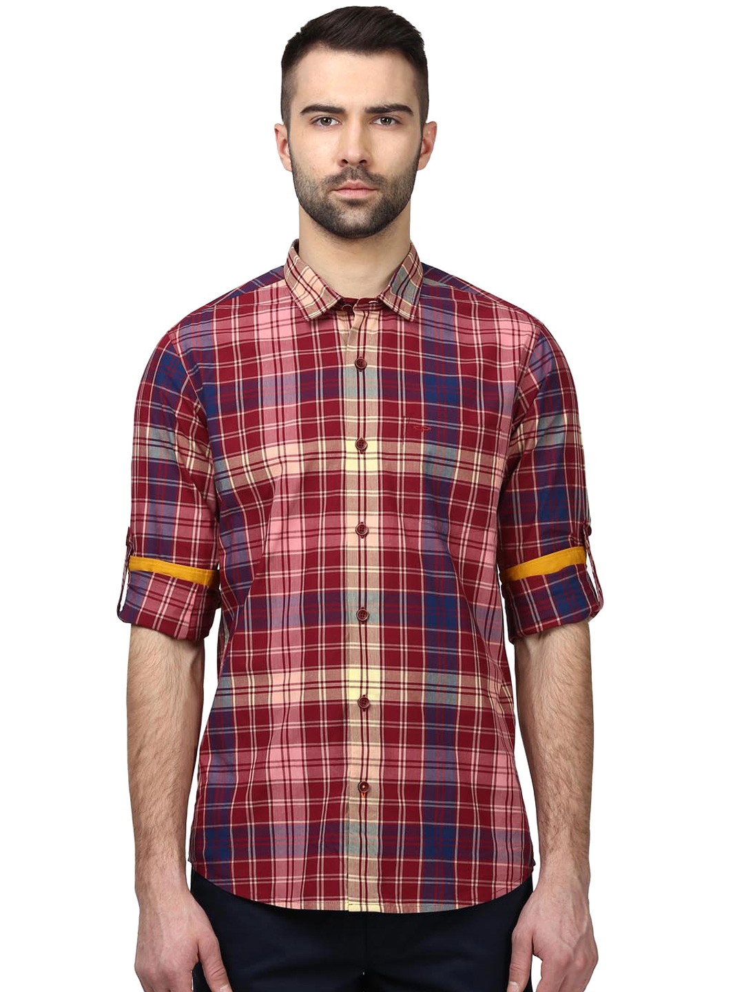 Buy ColorPlus Men Maroon & Navy Contemporary Fit Checked Casual Shirt ...