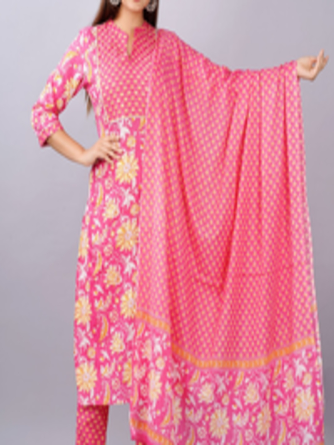 Buy KALINI Women Pink Floral Printed Pure Cotton Kurta With Palazzos ...